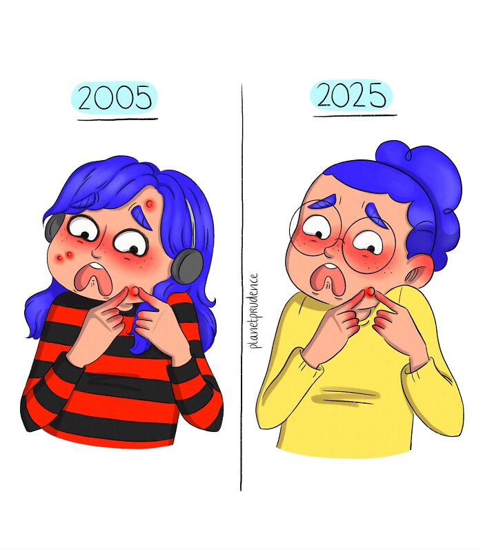 Colored comic showing a woman with acne in 2005 and 2025, illustrating changes in what being a woman is like.