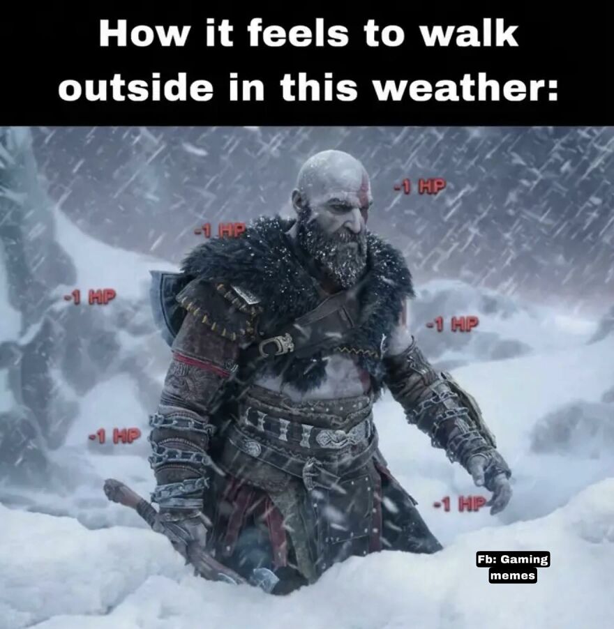 Video game character struggling in snowy weather, losing health points, illustrating exhaustion in relatable gaming memes.