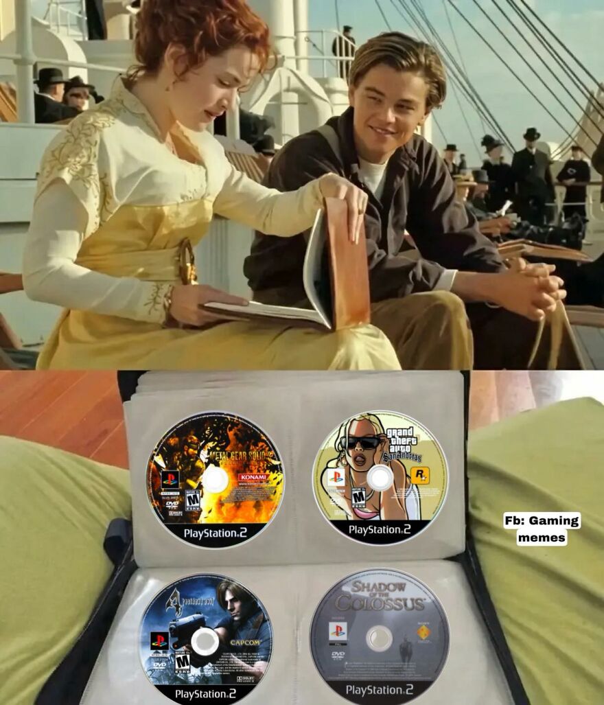 Scene from Titanic with a couple on a ship deck above a collection of classic PlayStation 2 video game discs.