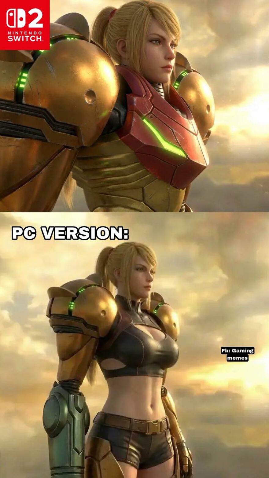 Comparison meme showing video game character Samus from Nintendo Switch and PC versions in different armor styles, relatable to video games.