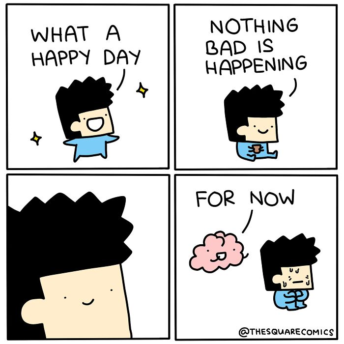 Darkly funny comic panels showing the struggle of adulthood with smiling character and anxious brain interaction.