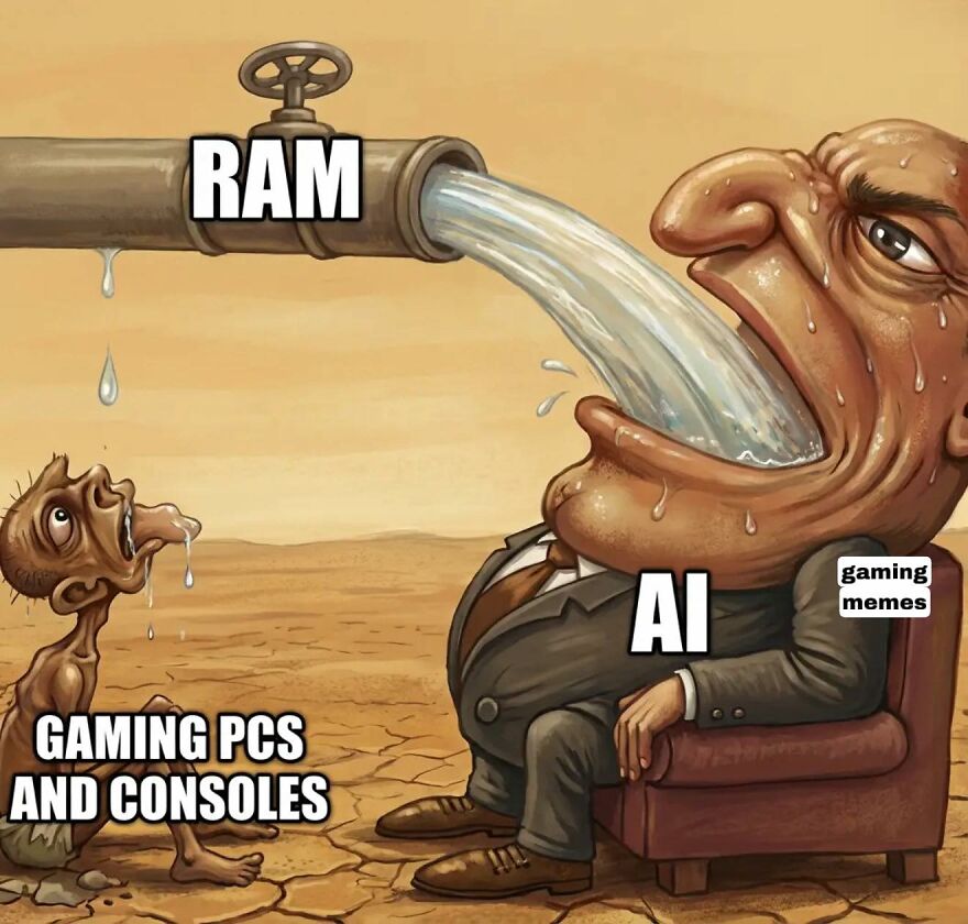 Surreal meme showing AI greedily consuming RAM while gaming PCs and consoles suffer, highlighting gaming memes on resource use.