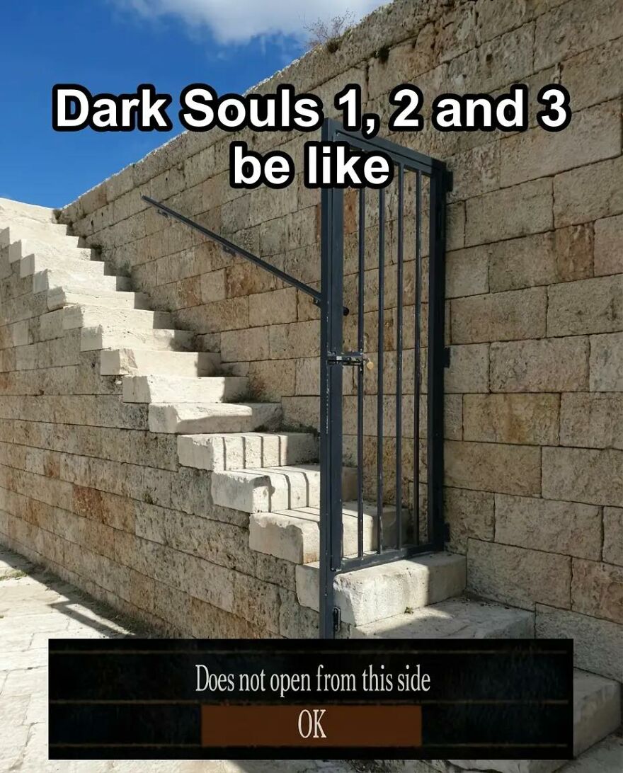 Stairs blocked by locked gate with text about Dark Souls games, illustrating frustration of exhausted adults who just want to play video games.