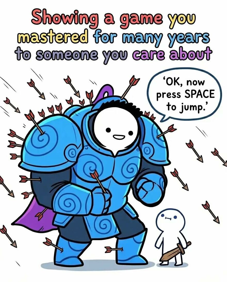 Cartoon of a gamer in blue armor teaching a novice player with arrows stuck in armor, relatable video games meme.
