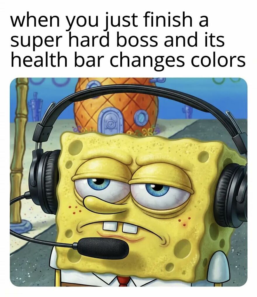 Tired SpongeBob wearing a gaming headset, looking exhausted after defeating a difficult video game boss.