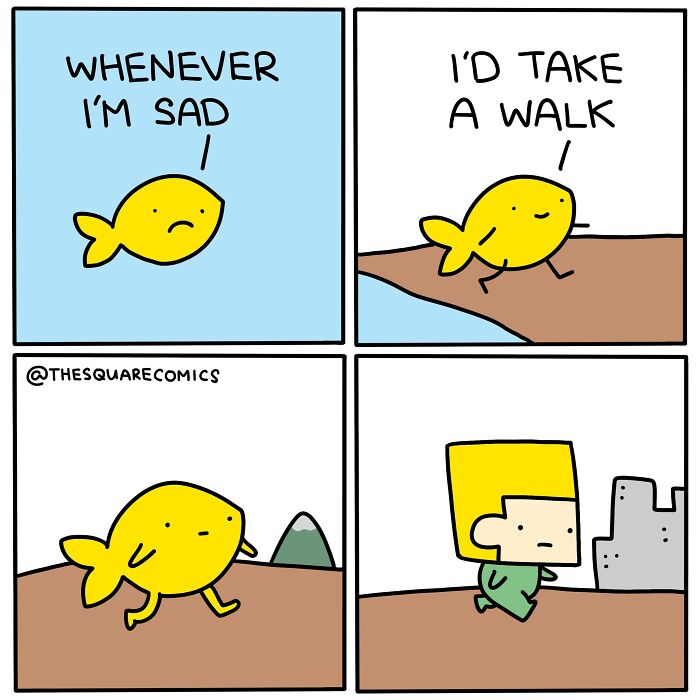 Yellow fish walking on land in darkly funny comics illustrating the struggle of adulthood with simple illustrations.