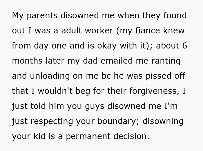 Text about parents disowning adult worker daughter and insulting her fiancé, later begging for forgiveness years after. Text about parents disowning adult worker daughter and insulting her fiancé, later begging for forgiveness years after.