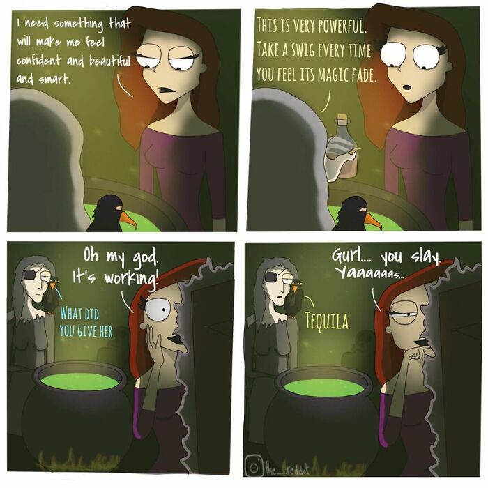 Comic from The RedDot showing a woman drinking tequila potion to feel confident, portrayed in bold and unfiltered style.