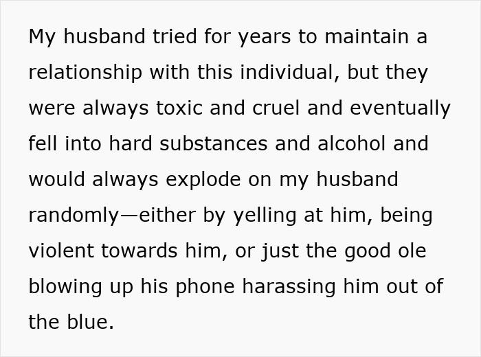 Text describing toxic behavior in a relationship leading to harassment, referencing mil-refuse-baby-name situation.