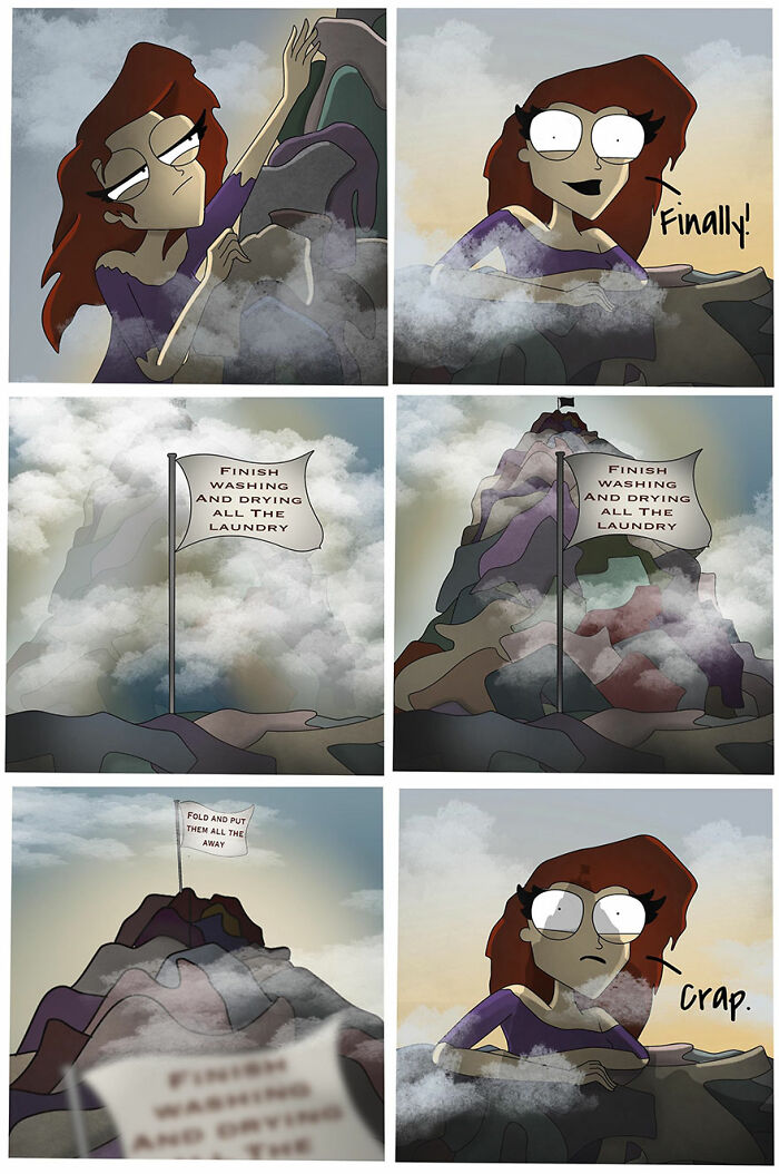 Comic from the RedDot community showing a woman facing a mountain of laundry with bold and unfiltered humor.