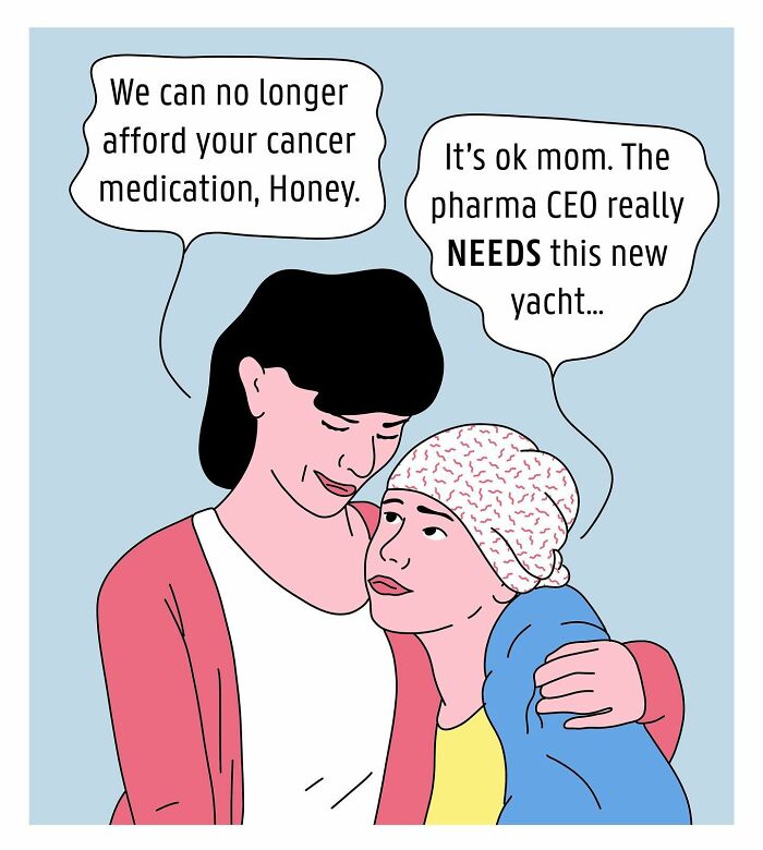 Studio Stoutpoep illustrations: mother hugs child in chemo cap, speech bubbles about unaffordable meds and pharma CEO yacht