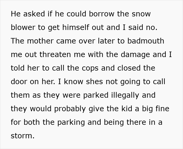 Neighbor snowing on illegally parked car during a winter storm, causing tension over blocked access and parking violations. Neighbor snowing on illegally parked car during a winter storm, causing tension over blocked access and parking violations.