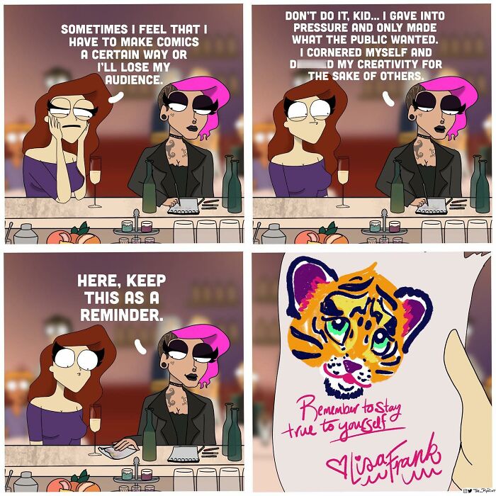 Comic strip from The RedDot showing two women discussing creativity and staying true to oneself with a tiger drawing reminder.