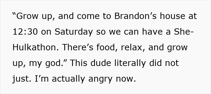 Text message inviting to a She-Hulkathon, mocking a teen&rsquo;s dislike of superhero stuff before learning it&rsquo;s grief-related.