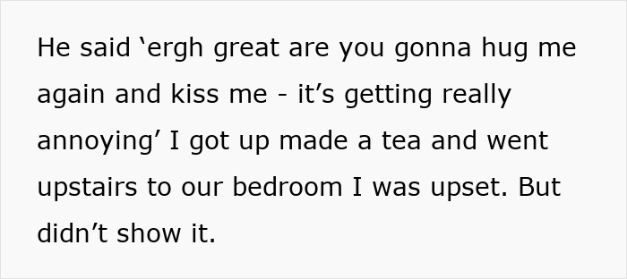 Text showing a guy mocking his girlfriend&rsquo;s hug after a long work trip, asking for space despite her gift.