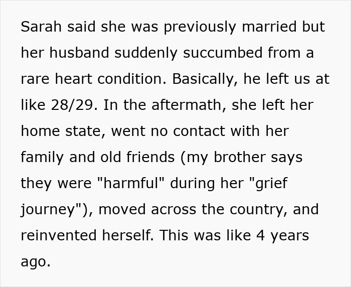 Text describing a fianc&eacute;e&rsquo;s fabricated past life and widow status revealed through simple Venmo search.