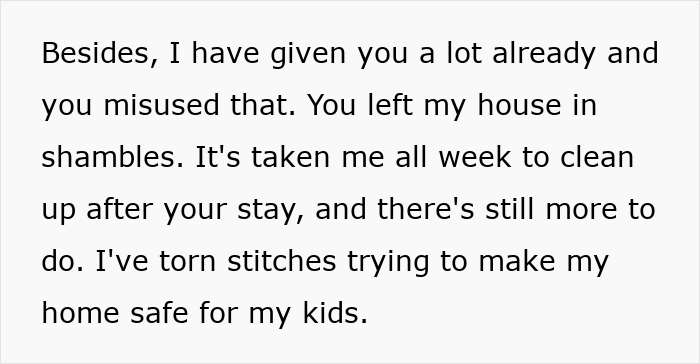 Text excerpt from story about woman letting friend stay during surgery recovery, dealing with filthy house and car driven 1,100 miles. - 52