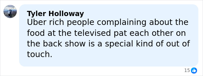 Commenter Tyler Holloway sharing opinion on Critics Choice Awards disappointing food and reactions from attendees.