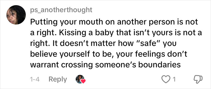 Social media comment about boundaries and not kissing a baby from a woman&rsquo;s gentle reminder for grandma.