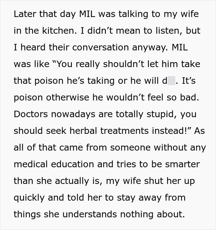 Text excerpt showing a conversation about cancer treatment advice from a MIL with no medical education.