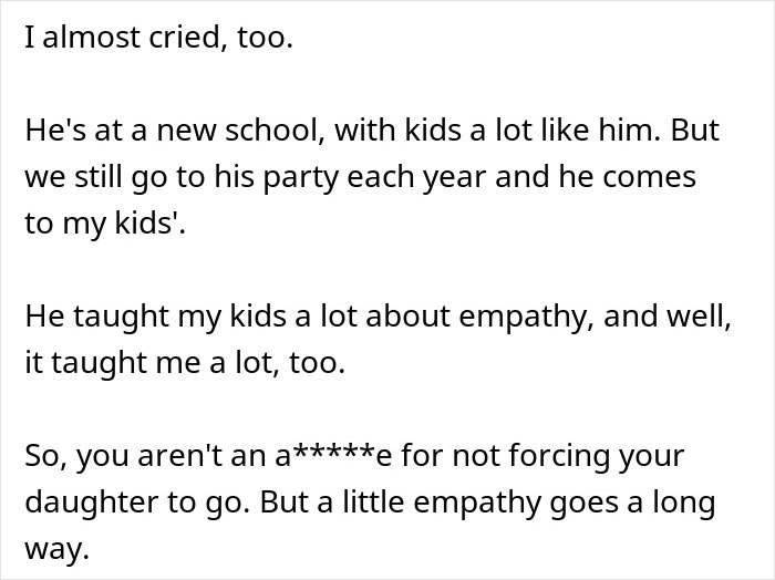 Screenshot of text about empathy, parent wonders daughter attend birthday, not forcing her to go Screenshot of text about empathy, parent wonders daughter attend birthday, not forcing her to go