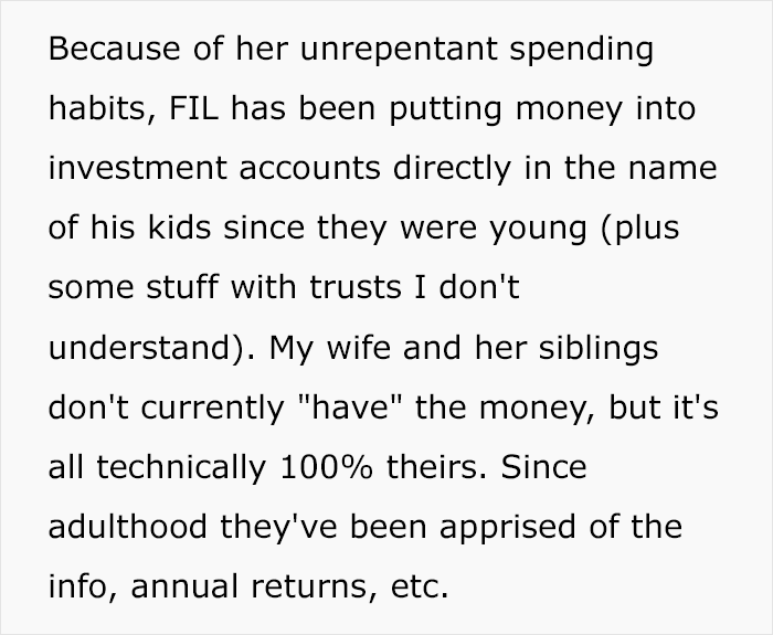 Screenshot of text describing inheritance plans and investments, mentioning Greedy Mom reacting to dad's decisions