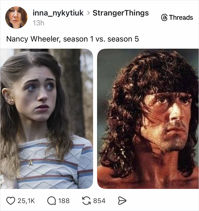Side-by-side images comparing Stranger Things character Nancy Wheeler from season 1 and season 5, highlighting fan reactions.