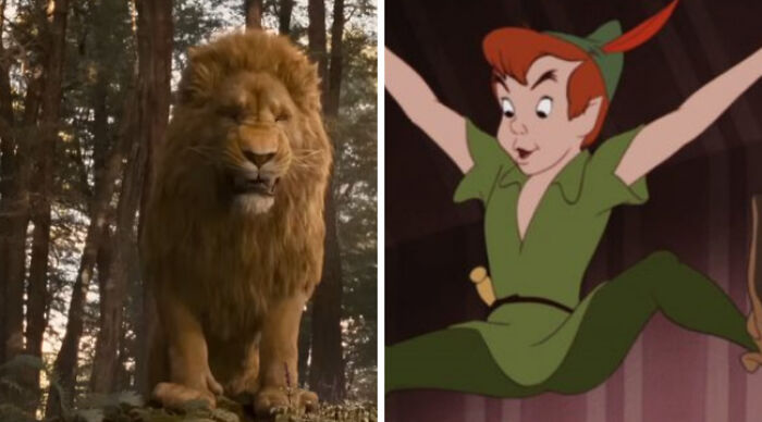 Would You Rather split image: Aslan lion in forest beside animated Peter Pan mid-jump, books and films characters
