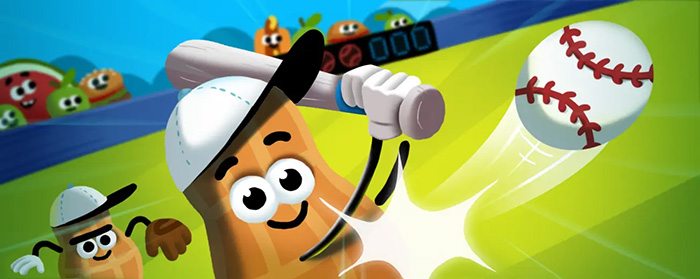 Animated baseball player character hitting a ball in a colorful Google Doodle game from popular internet history.