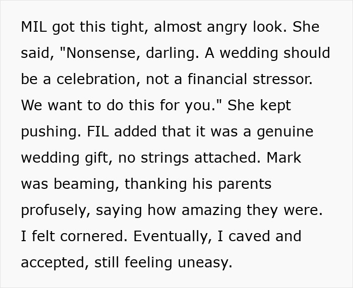 Woman snaps at MIL, expressing how her generous gift felt like a manipulative way to control her life during wedding planning.