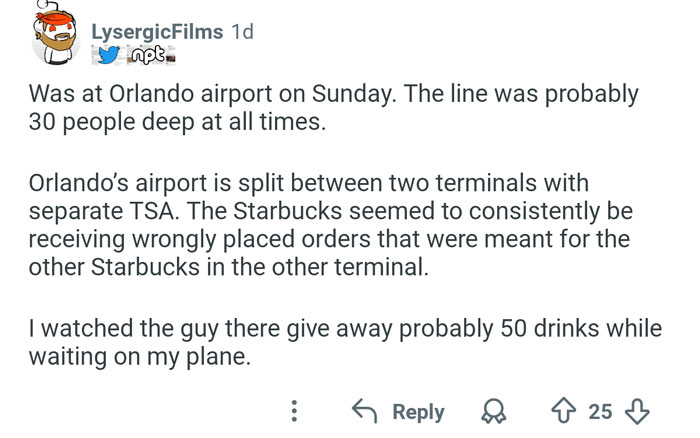 Social media post describing challenges faced by airport baristas dealing with long lines and misplaced orders during busy shifts.