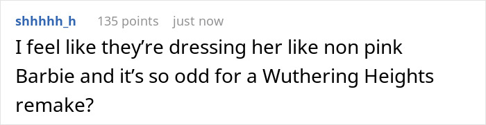 User comment about Margot Robbie's bathing suit with sleeves being odd for a movie promo outfit in a Wuthering Heights remake.