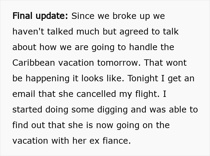 Text update about guy&rsquo;s heroic actions leaving him single as ex cancels flight and goes on vacation with her ex-fianc&eacute;.
