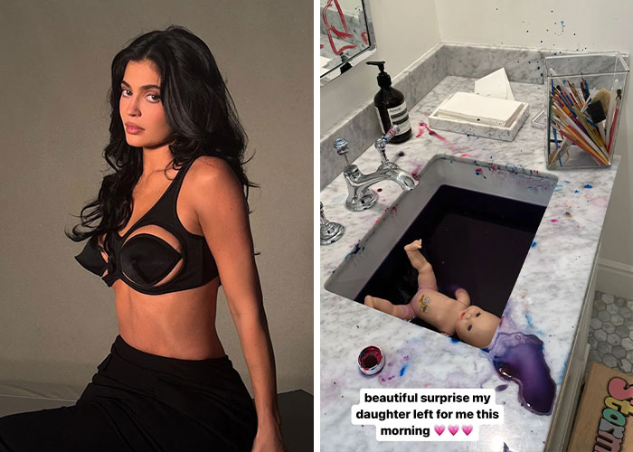Side-by-side images showing a celebrity and a sink filled with purple liquid and a doll, illustrating worst celebrity homes revealed.