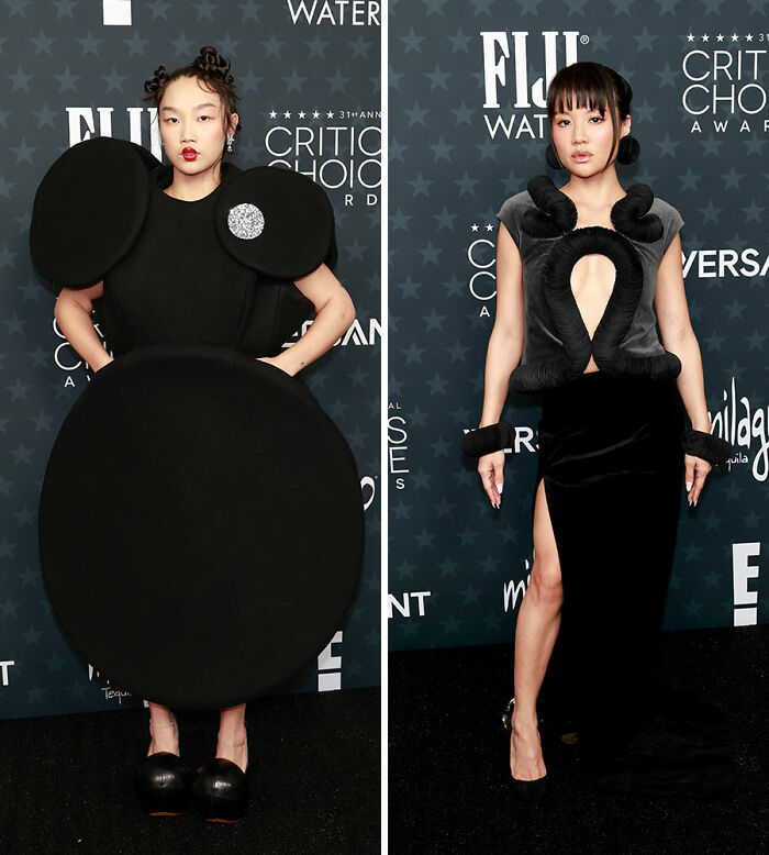 Two celebs wearing avant-garde black outfits at the 2026 Critics Choice Awards, among worst-dressed celebs fans discuss.