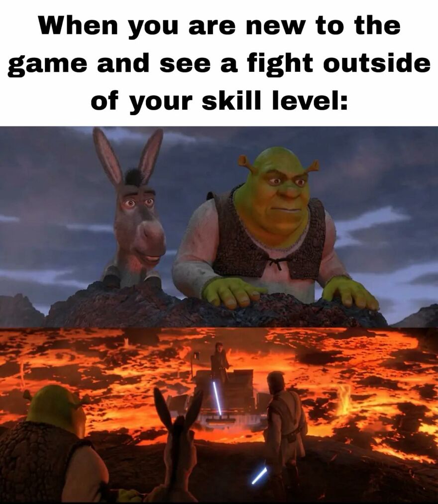 Shrek and Donkey looking nervously at a difficult fight scene over lava, depicting exhausted adults playing video games.