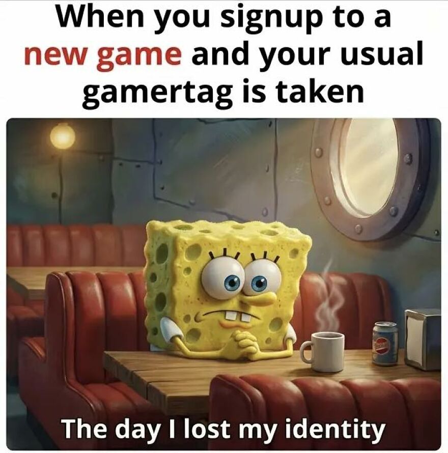 SpongeBob looking sad in a diner booth, relatable meme about exhausted adults losing their video game identity.