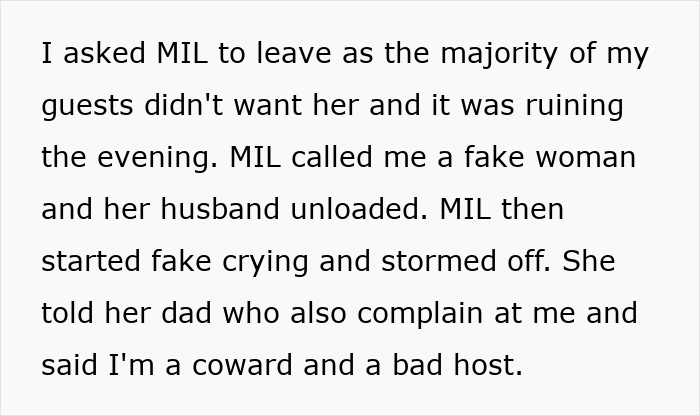Text excerpt from a family dispute involving MIL and a wedding planner who slept with her dad, causing tension at the event. Text excerpt from a family dispute involving MIL and a wedding planner who slept with her dad, causing tension at the event.