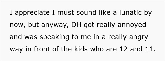 Text stating a mom with OCD-like hygiene anxiety faces family conflict as husband gets angry in front of their 11 and 12-year-old kids.