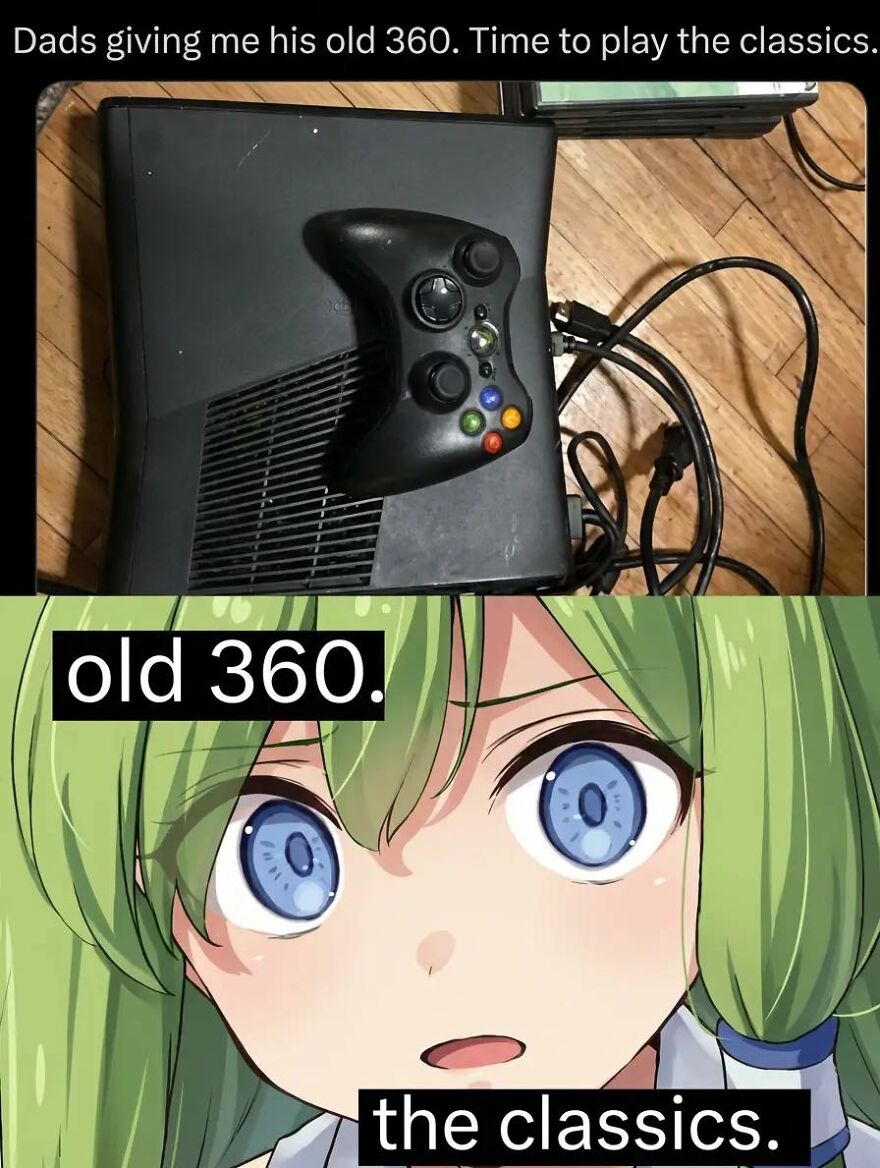 Old Xbox 360 console and controller with an anime character expressing excitement about classic video games for exhausted adults.