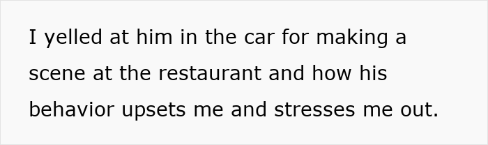 Text panel stating I yelled at him in the car about his upsetting behavior, noting husband, cancer, excuses