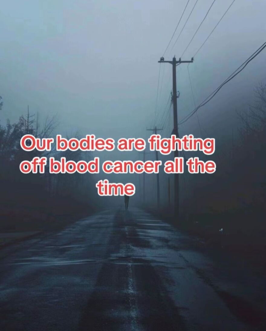 Foggy dark road with a lone figure and text about bodies fighting off blood cancer, highlighting scary bones facts.