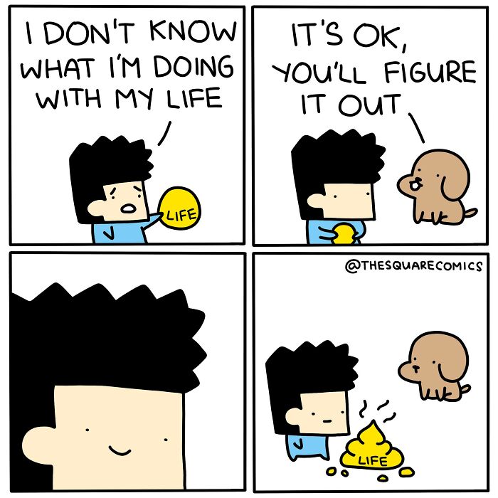 Darkly funny comic illustrating the struggle of adulthood with a character confused about life and a supportive dog.