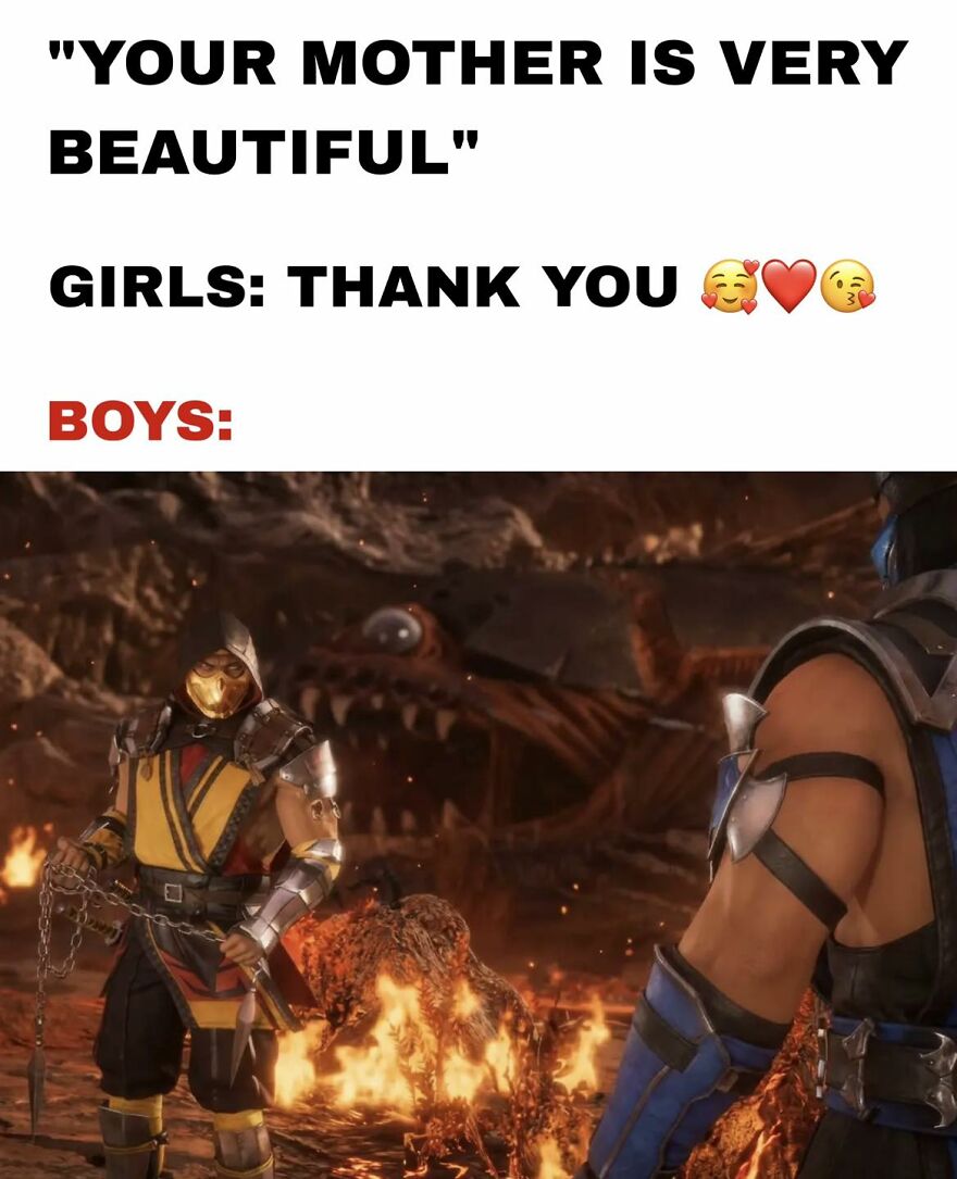 Mortal Kombat characters in a fiery battle scene, illustrating relatable memes for exhausted adults who want to play video games.