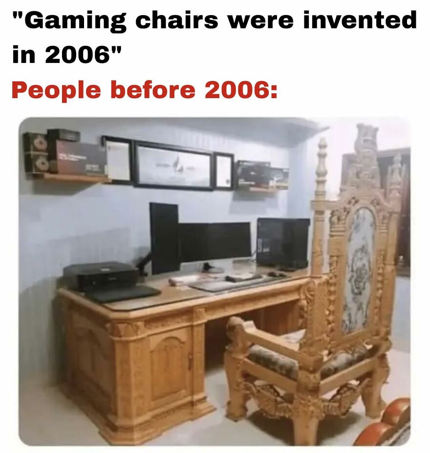 Ornate wooden gaming setup with triple monitors and a large carved chair, illustrating relatable memes for exhausted adults gaming.