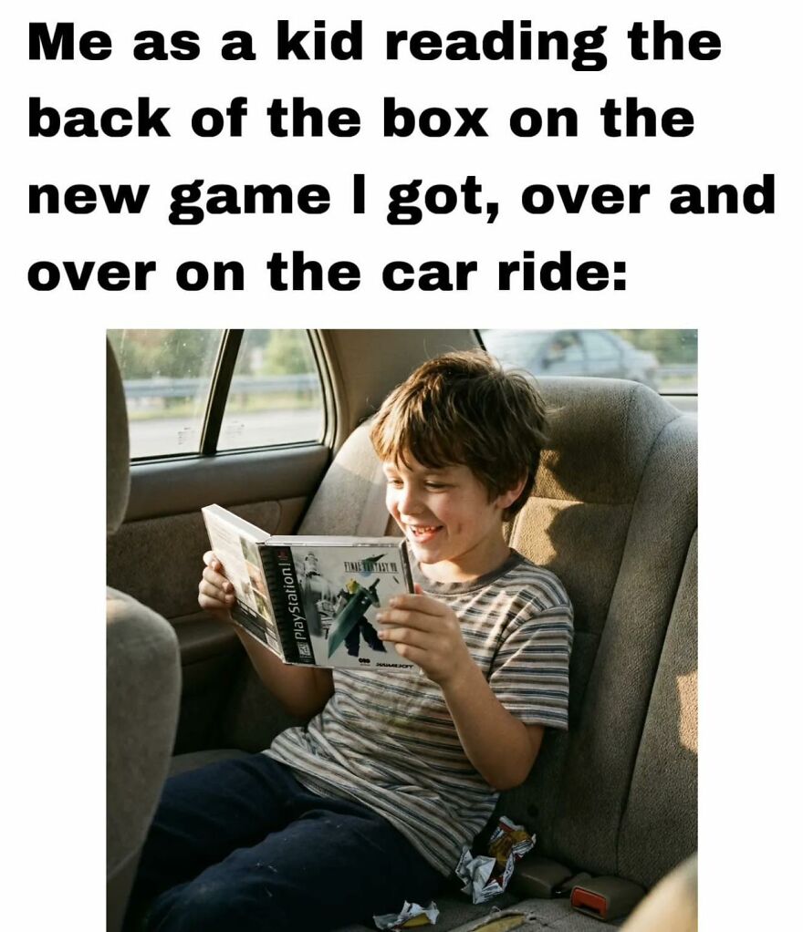 Child excitedly reading the back of a video game box during a car ride, capturing relatable exhausted adult gamer memories.