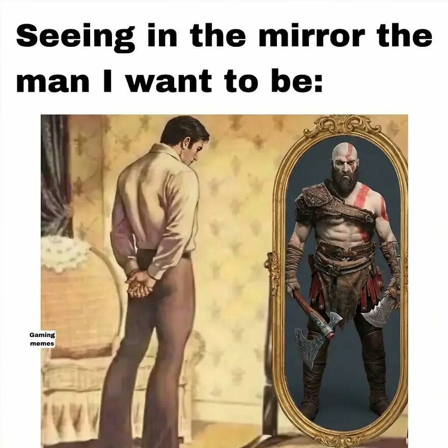 Man looking in mirror seeing video game character representing relatable memes for exhausted adults who want to play video games