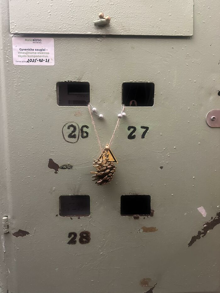 Sad apartment building metal door decorated with pinecone and beads in unique Lithuanian Christmas style.