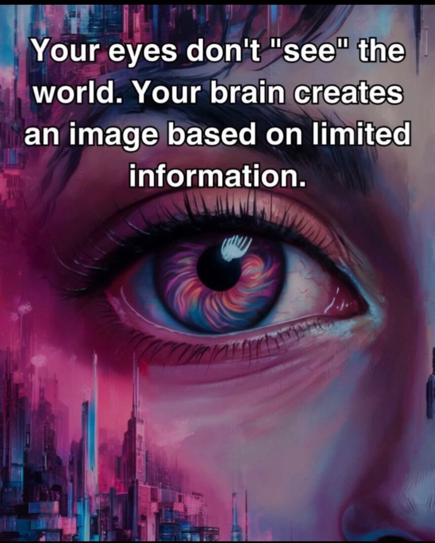 Close-up of a colorful eye with text explaining how the brain creates images from limited information, bones and scary facts theme.