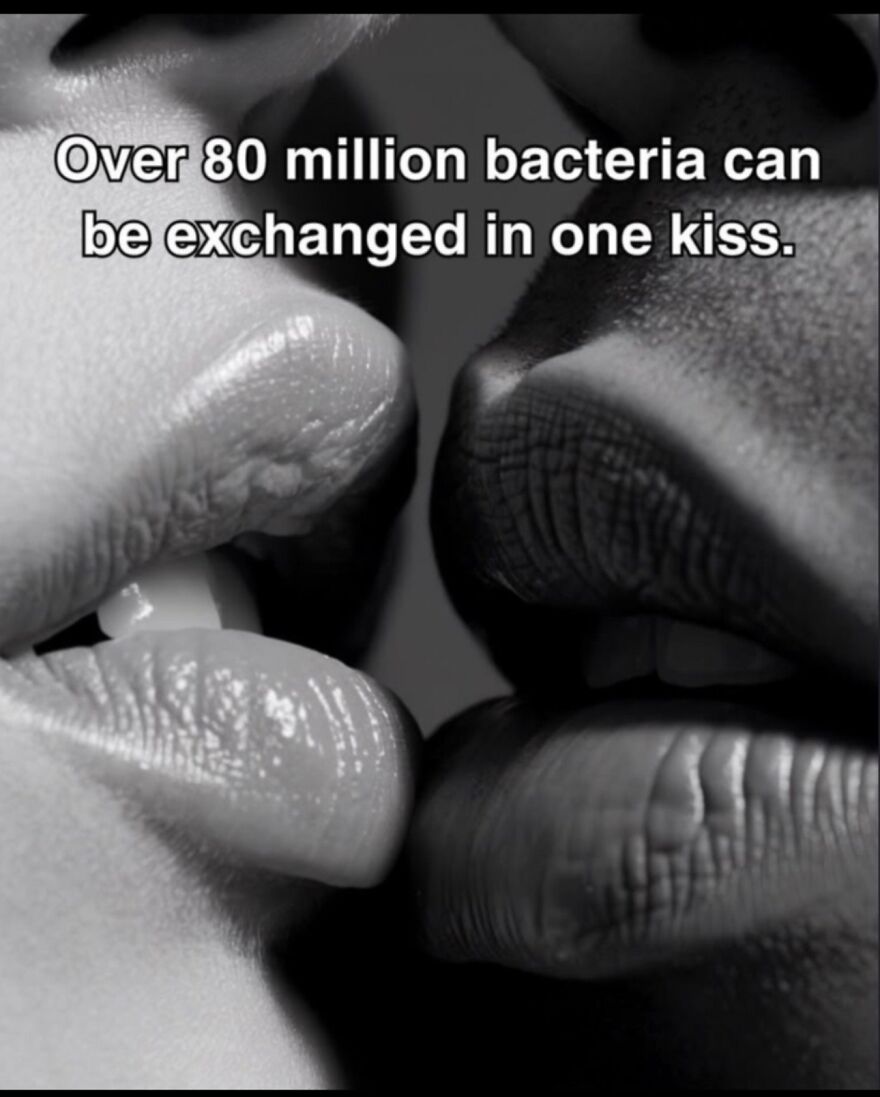Close-up of two people about to kiss with text about bacteria exchange, highlighting scary facts about bones and health.